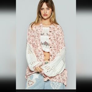 New Oversized POL Pink Floral Button-Up Blouse/Shacket with Knit Sleeves